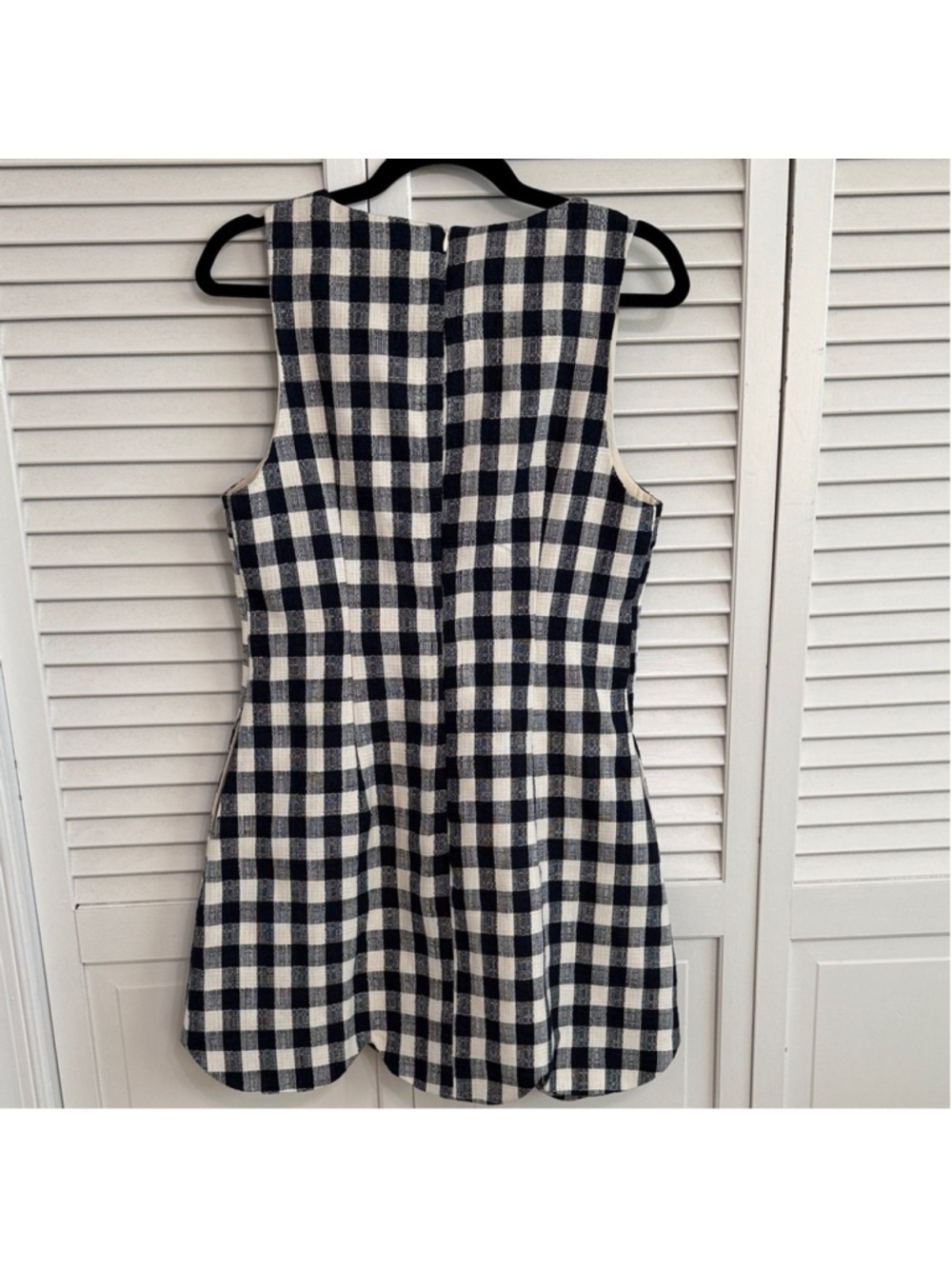 Sleeveless Navy and Cream Gingham Mini Dress with Scalloped Hem - Picture 8 of 8